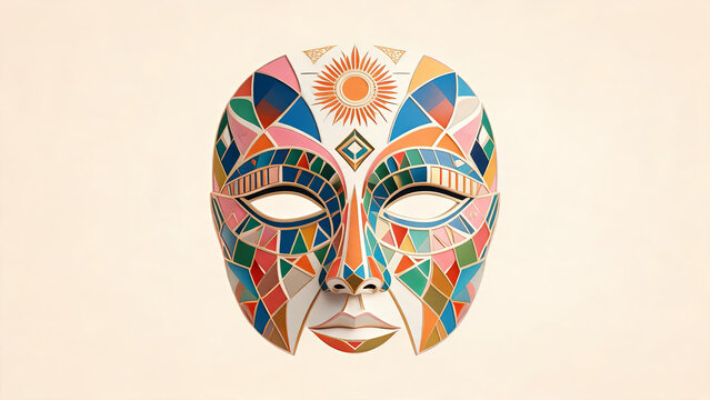 A stylized decorative mask featuring vibrant geometric patterns and a central sun motif, designed in a flat, artistic style against a light background.