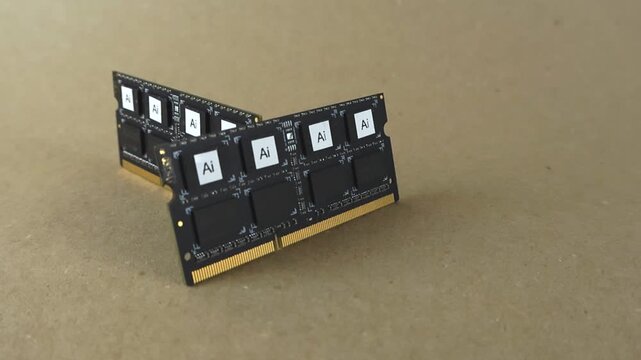 Computer memory modules with processors marked Ai slowly turning on a brown background, representing the concept of artificial intelligence, machine learning, and technological advancement