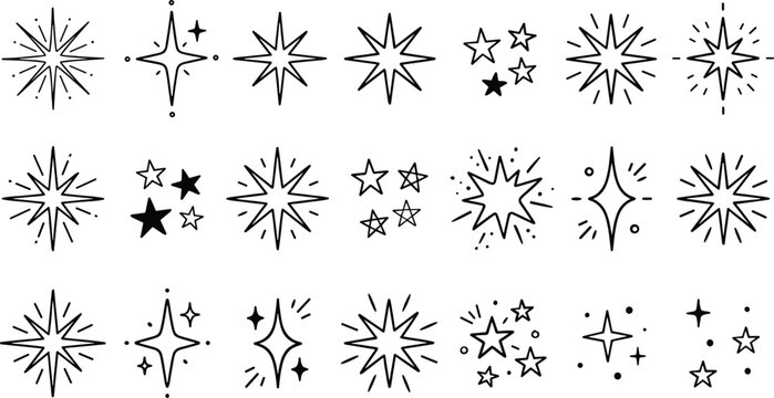 Hand drawn starburst sparkle set. Minimalist black ink starburst stars and twinkle doodles collection with sketchy rays, outlined stars, sparkle accents and decorative celestial symbols. Cute hand dra