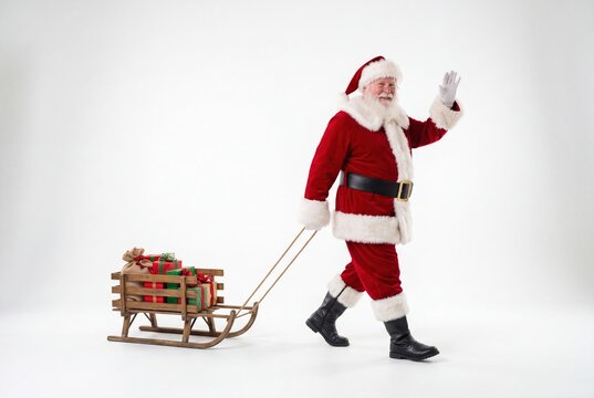 Santa claus walking and waving while pulling a wooden sledge loaded with wrapped christmas gifts