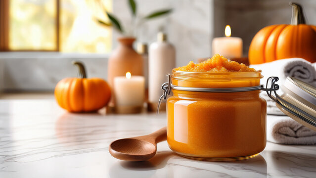 Glass jar of natural pumpkin body scrub on marble with blurred spa background banner.
