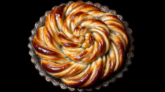 Freshly baked golden braided sweet bread on vintage ornate silver plate over black background