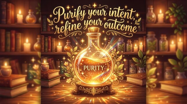 Magical potion bottle labeled Purity on a wooden table with books and candles, surrounded by mystical glowing lights and shelves of jars