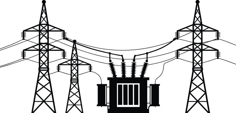 Silhouette of a voltage electrical transformer station with large metal transmission towers and power lines, isolated on a white background