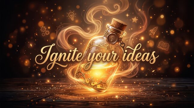 Magical potion bottle releasing glowing smoke and inspiring ideas, symbolizing creativity and innovation