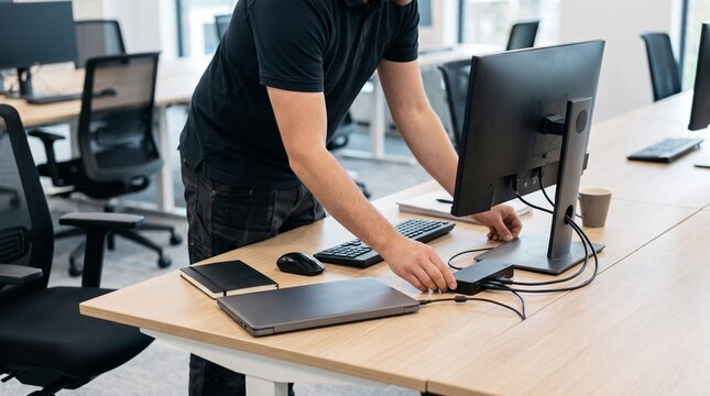 IT technician setting up office workstation with laptop monitor docking station and cables for new employee onboarding and workplace deployment