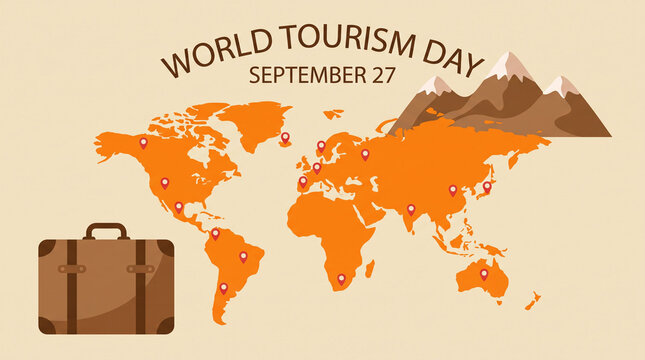 World map with location pins and suitcase for tourism.