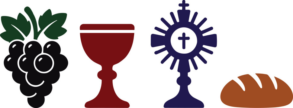 Four religious icons featuring a bunch of grapes, a chalice, a monstrance, and a loaf of bread in a flat style