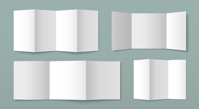 Folded leaflet template set with clean white pages. Vector realistic illustration of modern paper brochure mockup for business presentations, invitations, greeting cards, empty a5 or a4 format design