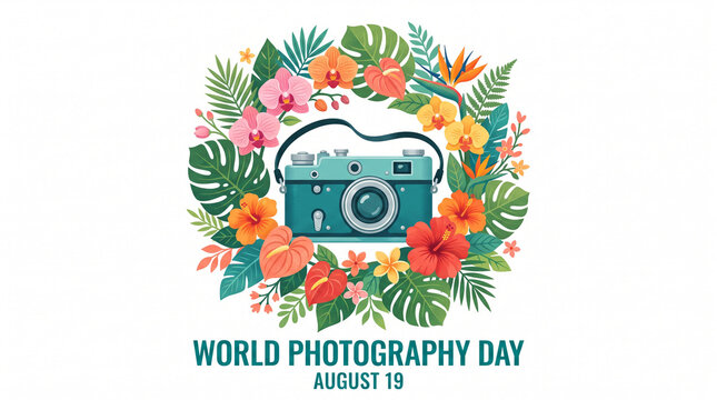 World Photography Day floral frame with retro camera.