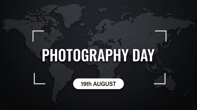 World Photography Day typography on dark world map background.