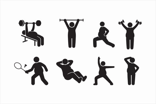 Overweight people workout and fitness icon set. Vector illustration for fat loss, exercise, obesity health, and gym workout concept.
