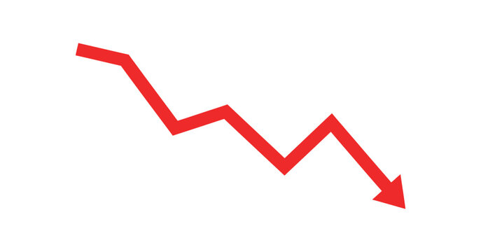 Red descending arrow with jagged line represents a downward trend