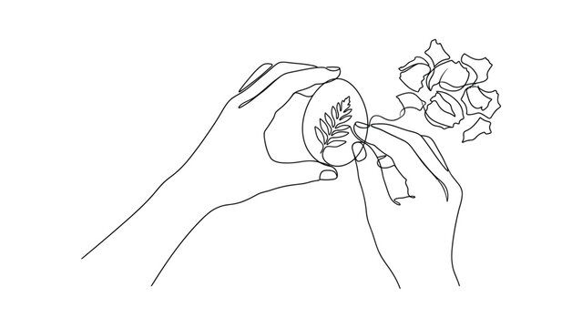 Continuous line drawing of a barista creating latte art on a coffee cup.