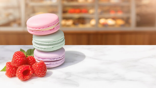 Colorful French macarons stack with fresh raspberries and blurred patisserie background banner.