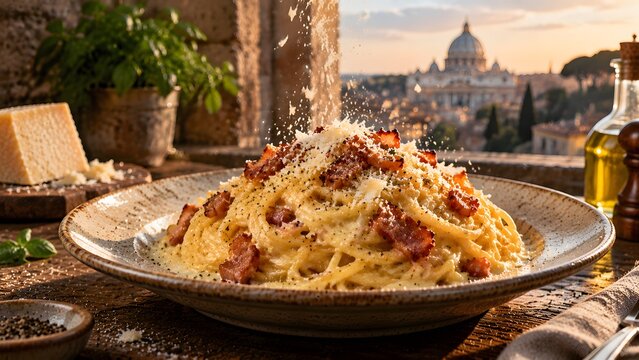Authentic spaghetti carbonara with pecorino cheese and guanciale, traditional Italian pasta dish, rustic dinner with city view