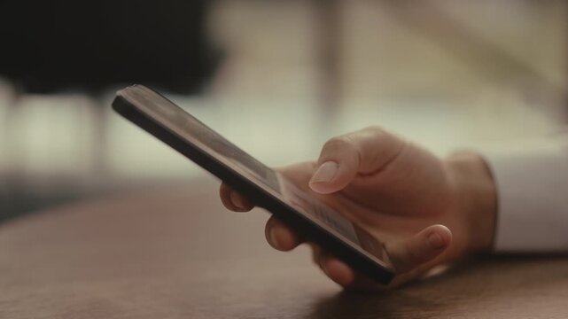 Unrecognizable businessman wearing white shirt using cellular phone, scrolling and swiping on touchscreen to check social media feeds, read news, text message.