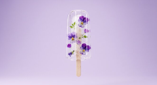 Floating Transparent Ice Popsicle With Edible Purple Flowers On Pastel Lavender Background