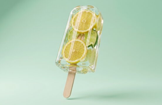 Transparent Ice Popsicle With Lemon And Lime Slices Floating On Mint Background