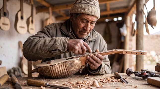 Man crafting traditional Andean charango lute in workshop for music creation