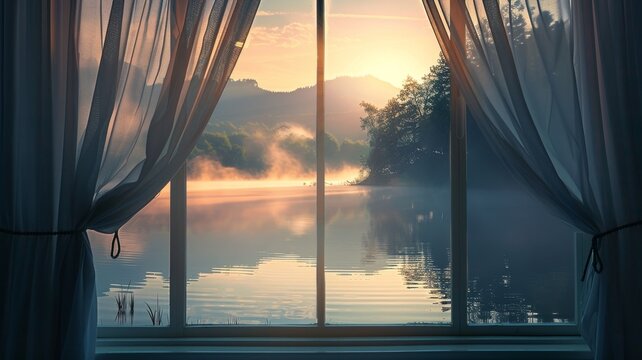 A bedroom window overlooking a serene lake at dawn, with mist rising from the water and the first light of day