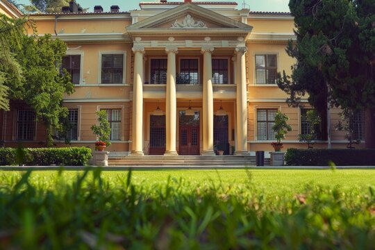 The grand entrance of a historic school building, with tall columns and a manicured lawn in front