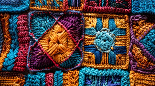 Background with a textile texture theme, incorporating woven patterns from Peru and Southeast Asia The addition of crochet and paint materials adds depth and a sense of handmade craftsmanship