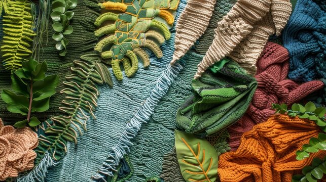 Textured background with materials like crochet and paper, featuring unique handmade textiles from around the world The design also incorporates nature themes like jungle and forest elements