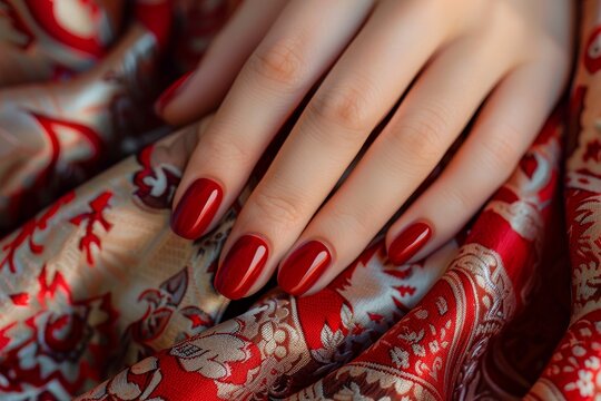 Glamour woman hand with classic red color nail polish on her fingernails. Red nail manicure with gel polish on silk scarf at luxury beauty salon. Nail art design. Female hand model. French manicure.