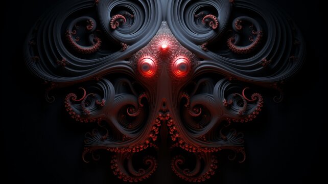 mandala a octopus made from fractals, showcasing the intricate patterns and textures in high resolution detail. The octo's skin is a vibrant red with orange gradients