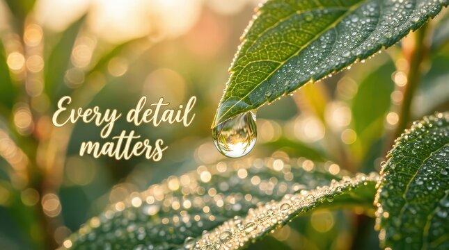 Macro shot of a dewdrop on a green leaf reflecting sunlight with inspirational text "Every detail matters"