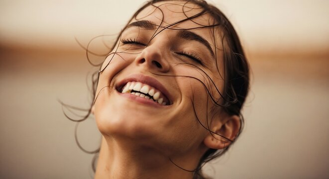 Joyful dancer with radiant smile and flowing hair enjoying moment of happiness. Delighted dancer expresses pure bliss through her joyful demeanor and energetic movement.