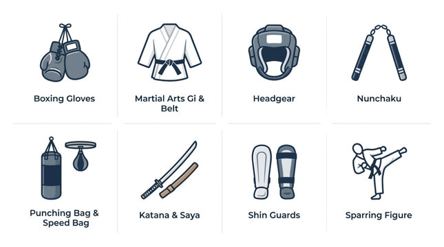 Martial arts equipment icon set, boxing and karate gear collection, 8 combat sports vector icons for gym and training apps