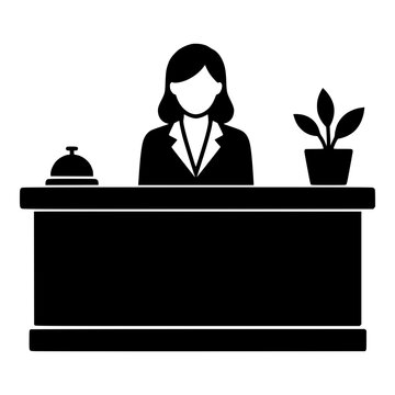 Hotel Receptionist at Front Desk with Service Bell, Black Silhouette