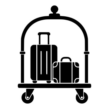 Hotel Luggage Cart with Suitcases, Black Bellhop Trolley Silhouette