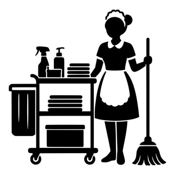 Hotel Maid with Housekeeping Cart and Mop, Black Vector Silhouette