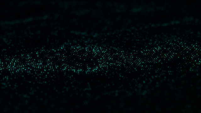 Teal green particle wave glows across a dark abstract surface, forming a futuristic data background for AI, network, cybersecurity and tech visuals.