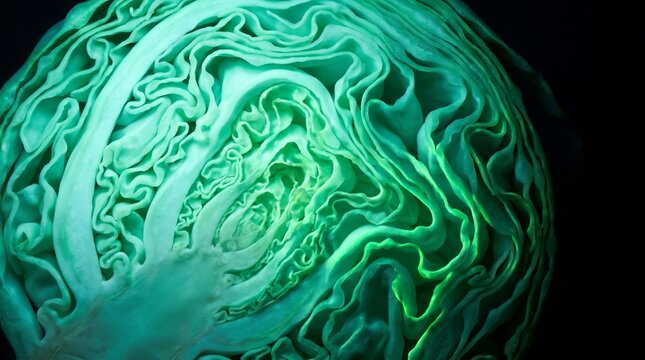 Macro Shot of Sliced Green Cabbage with Glowing Neon Teal and Green Organic Wave Patterns on Dark Background.