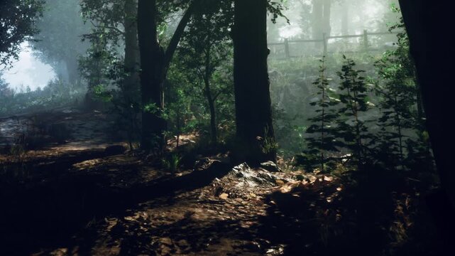 A person walks on a narrow path surrounded by tall trees and greenery in a forest. The sun shines through the leaves, creating patterns on the ground.