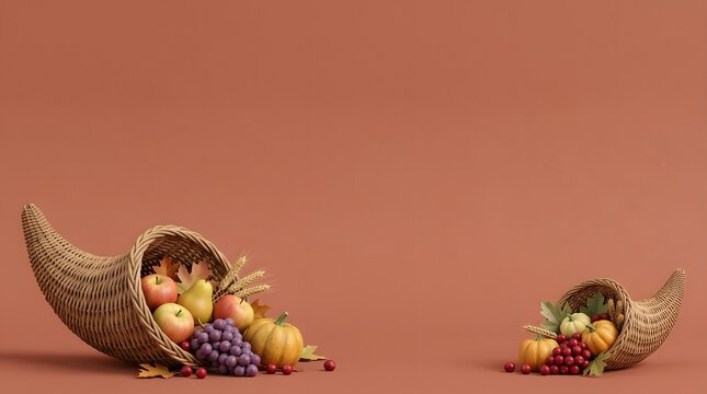 Thanksgiving cornucopia background featuring woven horns of plenty filled with autumn fruits, vegetables, pumpkins, and leaves on a warm brown surface with generous copy space