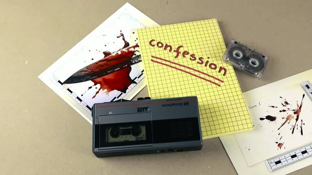 Old cassette recorder taping a confession on a notepad surrounded by bloody crime scene evidence photos, a knife, and blood splatters, depicting a police interrogation and investigation