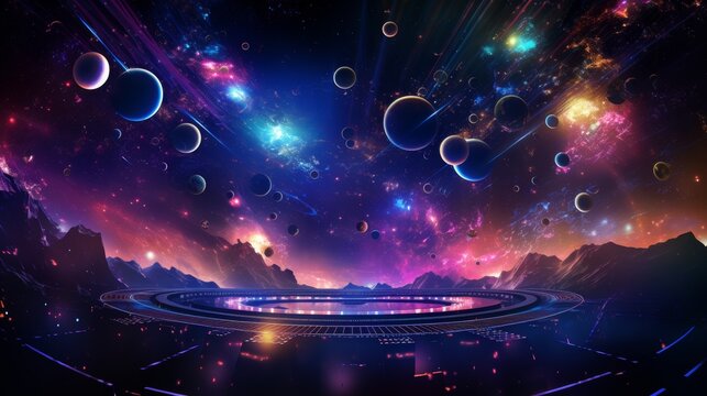 A cosmic space-themed night club stage in 3D, with star-like laser lights and planets floating around to create an immersive outer space experience