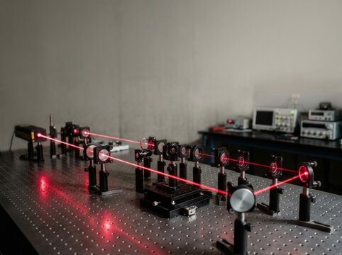 Complex optical laser experiment setup on a laboratory breadboard with beams and sensors