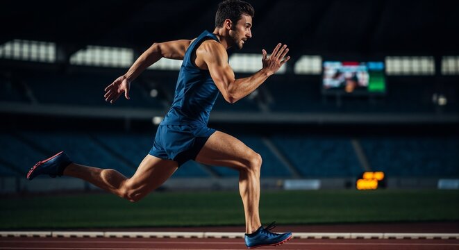 Determined runner sprinting on track under stadium lights, showcasing athleticism and speed. Running athlete focuses intensely on the race, displaying strength and energy.