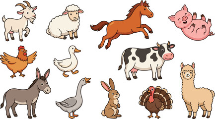 Fototapeta premium Cute Domestic Farm Animals Cartoon Vector Illustration Set Featuring Horses Cows Pigs Sheep Chickens and Alpacas for Children Education and Storybook Graphic Designs