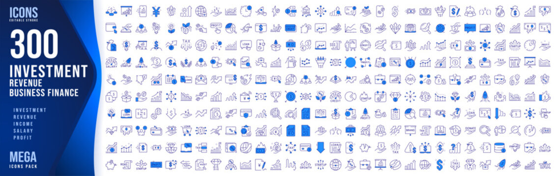 300 Investment, Revenue, Business Finance Filled Icons Set, Editable Vector Collection