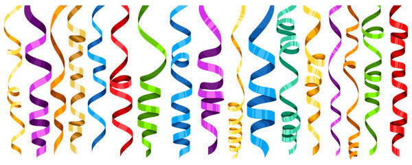 Obraz premium Holiday curly serpentine. Spiral ribbon set. Shiny party streamers. Multicolored confetti. Cheerful festive decoration for any celebration. Vector illustration