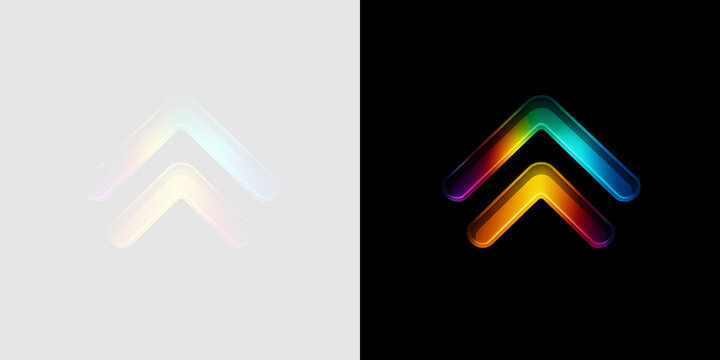 Glowing glassmorphism double chevron arrow pointing up. Glossy colorful holographic directional button icon set for modern UI UX design. Graphic element on transparent and dark background