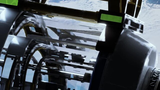 A complex machine is visible in a space setting. The machine features pipes and screens showing operational data. The scene captures technology in an outer space context.