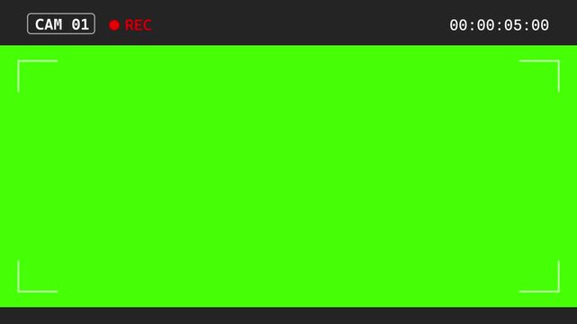 CCTV surveillance CAM 1 recording interface featuring REC indicator, digital timecode, viewfinder framing markers, and green screen chroma key display.